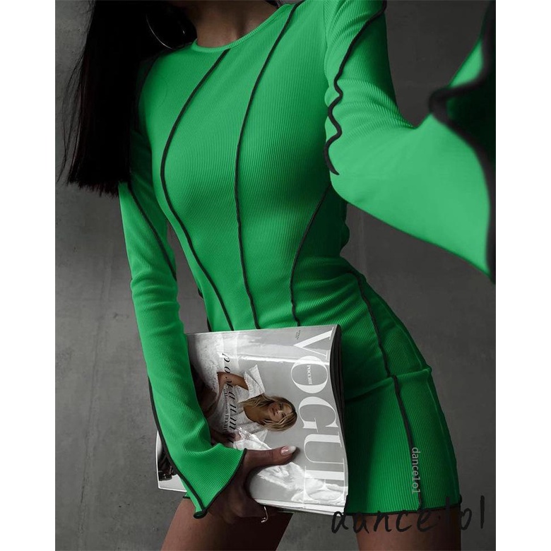 Đầm Tay Loe Dài Cổ Tròn Màu Sắc Tương Phản 1O1-Female