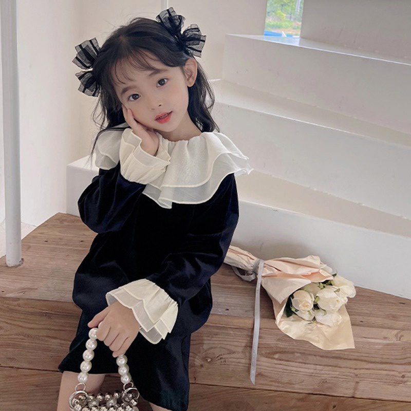 Đầm Nhung Mềm Mại Cổ Búp Bê Tay Phồng Phong Cách Hàn Quốc Cho Bé Gái