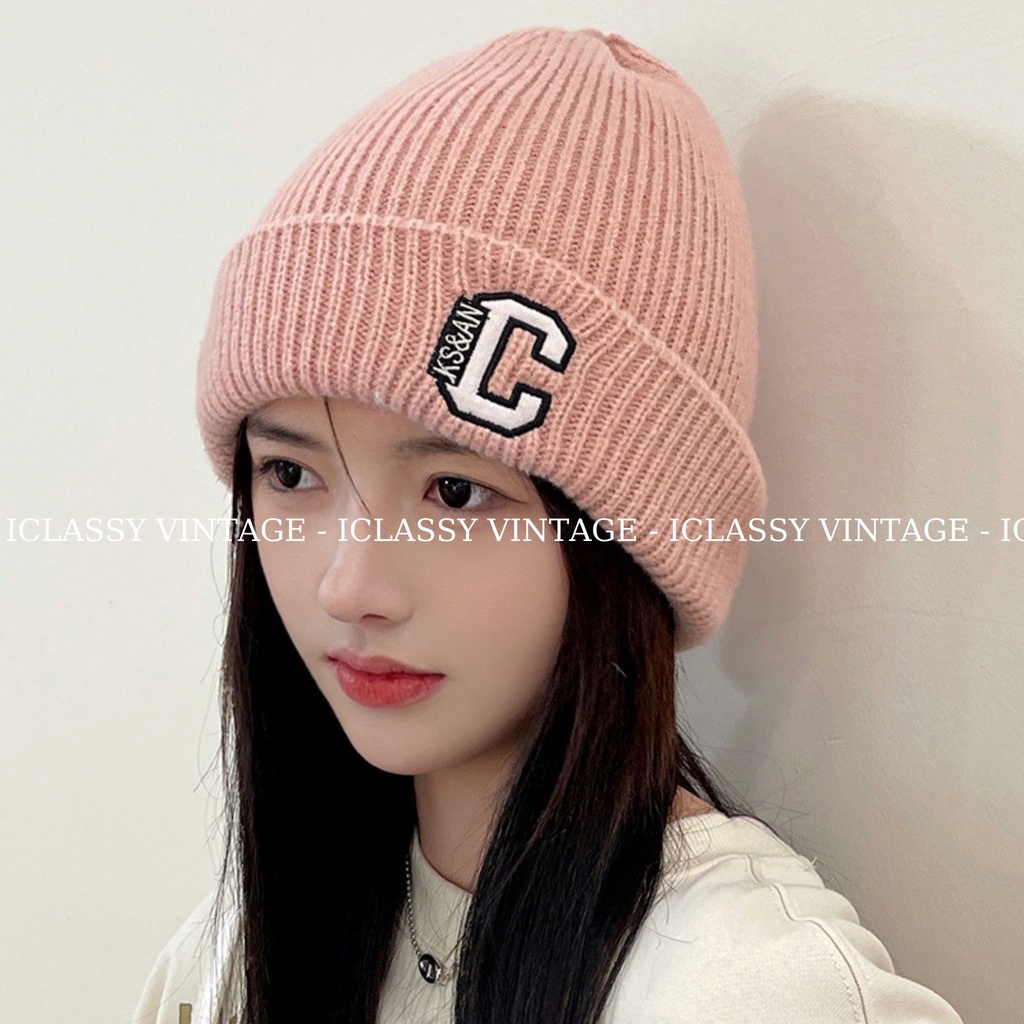 Mũ Len Nam Nữ Ulzzang Vintage Cao Cấp, Mũ Thêu chữ C 9 Màu Phong Cách Hàn Quốc - Iclassy_shoes