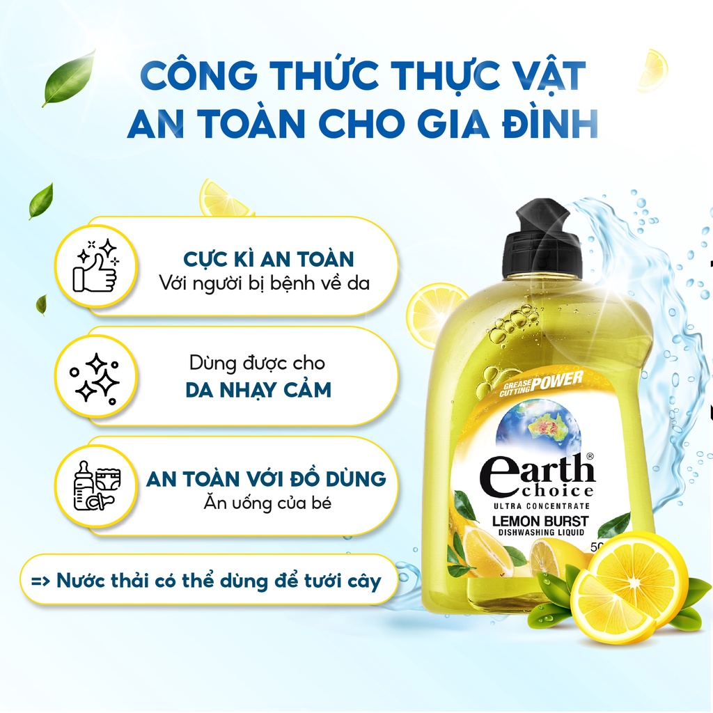 Nước Rửa Chén Đậm Đặc EARTH CHOICE Gốc Thực Vật An Toàn Với Cả Đồ Dùng Ăn Uống Của Bé Hương Chanh Dung Tích 500ml