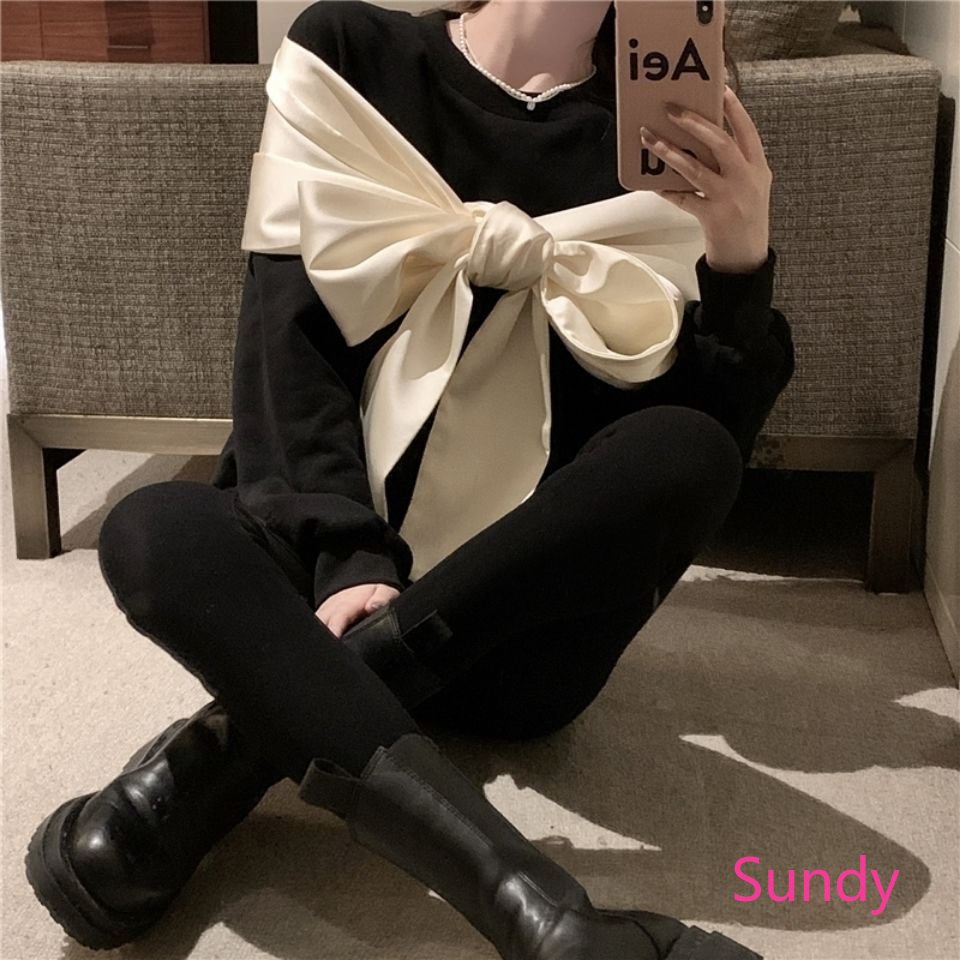 Plus Áo Sweater Tay Dài Dáng Rộng Phối Khăn Choàng Đính Nơ Thời Trang Xuân Thu Cho Nữ