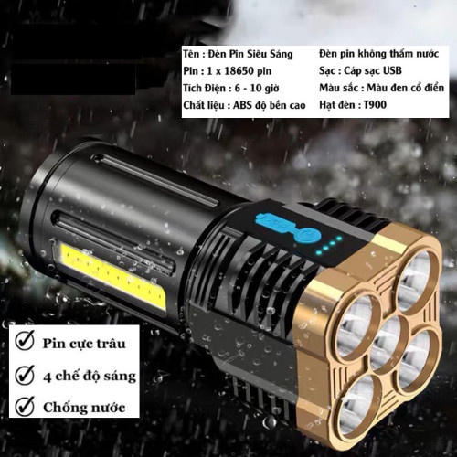 Đèn Pin Siêu Sáng Cầm Tay 5Bóng Chắc Chắn 4 Chế Độ Sáng 5 bóng lead Tiện Dụng