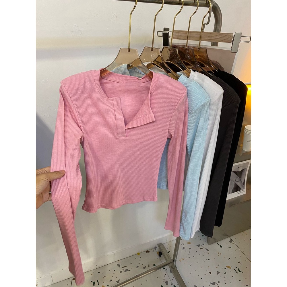 Bán Chạy!F &amp; X Áo Thu Đông Đáy Có Màu Tình Yêu!Áo Thun Dệt Kim Tay Dài Dáng Ngắn Cổ Chữ V Có Đệm Ngực Màu Xanh Dương Hồng Đẹp Mắt Mùa Thu Đông Độc Đáo