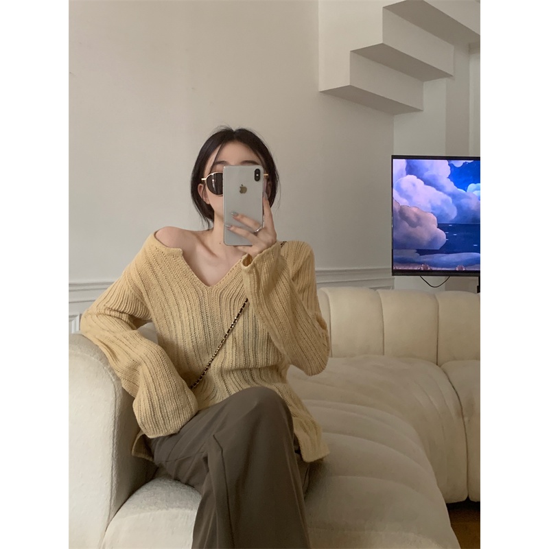 Áo Dệt Kim Tay Dài Cổ Chữ V Màu Trơn Thời Trang Mùa Thu Phong Cách Hàn Quốc