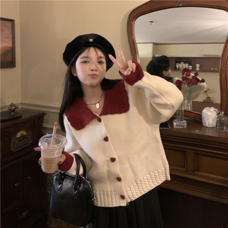 SUXI Áo Khoác Cardigan Dệt Kim Tay Dài Dáng Rộng Cổ Búp Bê Màu Sắc Tương Phản Phong Cách Vintage Dành Cho Nữ