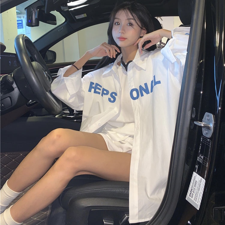 Áo sơ mi SUXI tay dài dáng rộng in chữ trẻ trung phong cách Hàn Quốc cho bạn gái