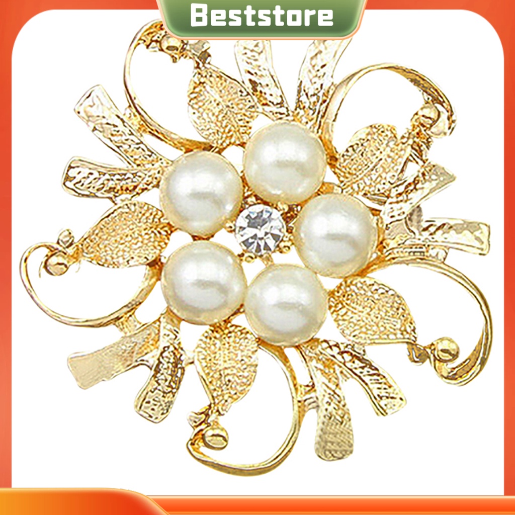 Ghim cài áo bằng kim loại thiết kế hình bông hoa đính đá và ngọc trai giả xinh xắn