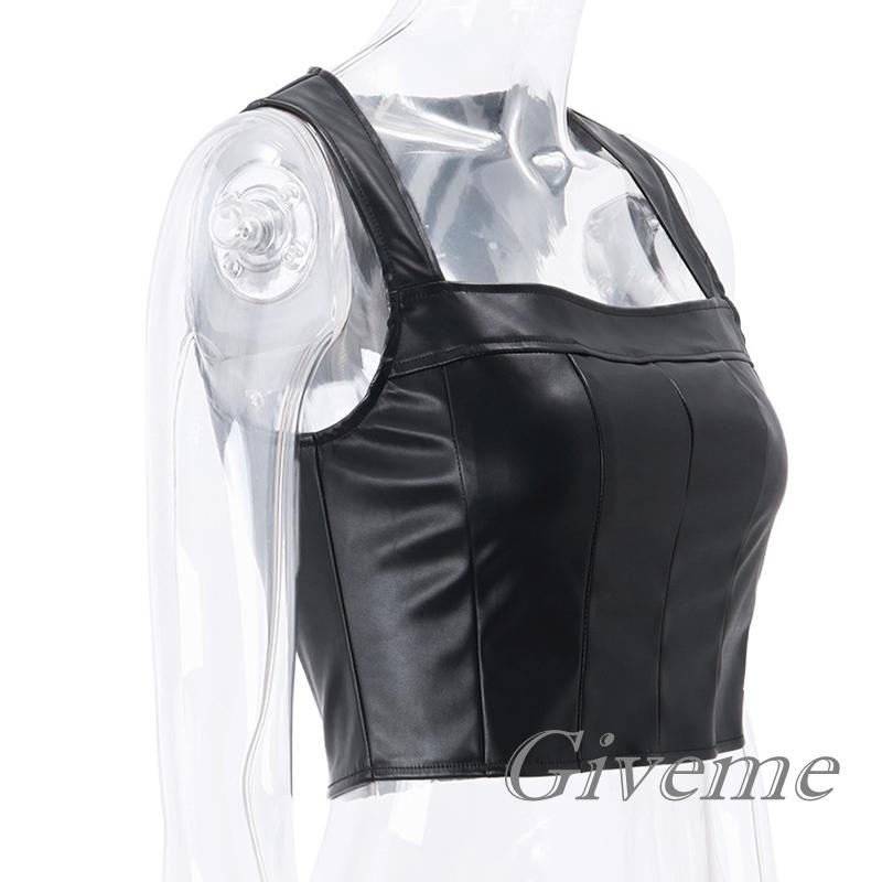 Áo Croptop Sát Nách Da PU Cổ Vuông Màu Trơn Phối Khoá Kéo Phong Cách Đường Phố