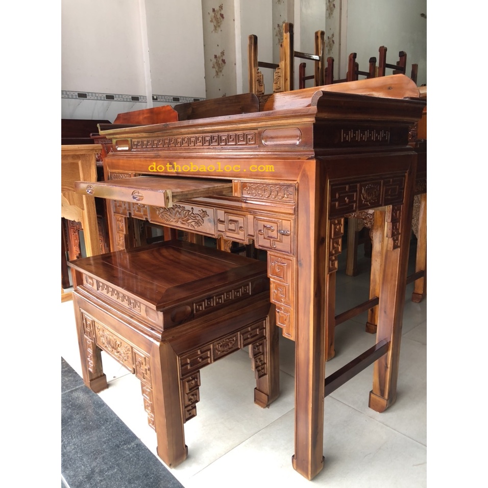 Bàn thờ gia tiên gỗ tràm bông vàng 2 tầng ,bàn mẹ bồng con 4 cỡ: 1m07,1m17,1m27 , 1m47 và 1m53