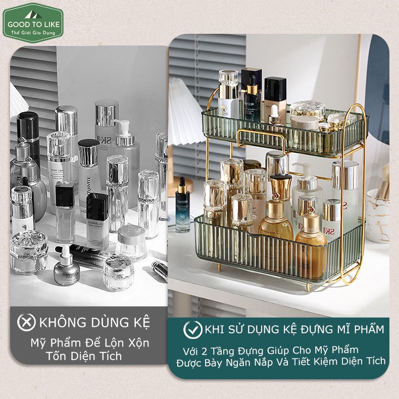 Kệ Đựng Mỹ Phẩm,Đồ Trang Điểm 2 Tầng Có Viền Mạ Vàng Cao Cấp Phong Cách Châu Âu Sang Trọng Đẹp Và Tiện Dụng