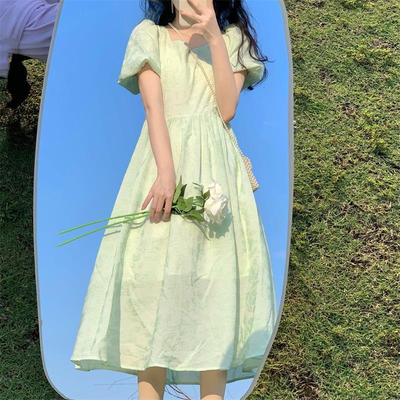 Đầm Cổ Vuông Eo Co Giãn Đính Nơ Màu Xanh Lá Thời Trang Mùa Hè Hàn Quốc Cho Nữ
