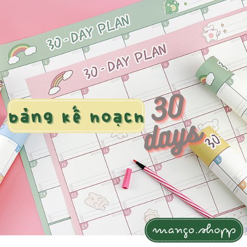 Bảng giấy viết kế hoạch cho 30 ngày, trang trí, nhắc nhở để bàn học