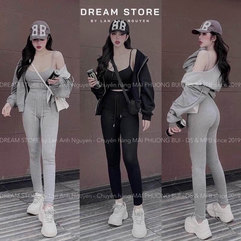 Bộ len tăm thể thao 3 món ÁO KHOÁC, ÁO 2 DÂY, QUẦN LEGGING.Set đồ nữ trơn thu đông dày ấm áp màu xám và đen