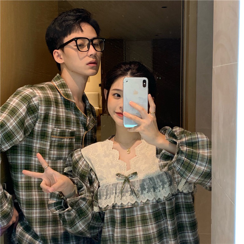Đồ ngủ đôi nam nữ kẻ caro Ulzzang phối ren