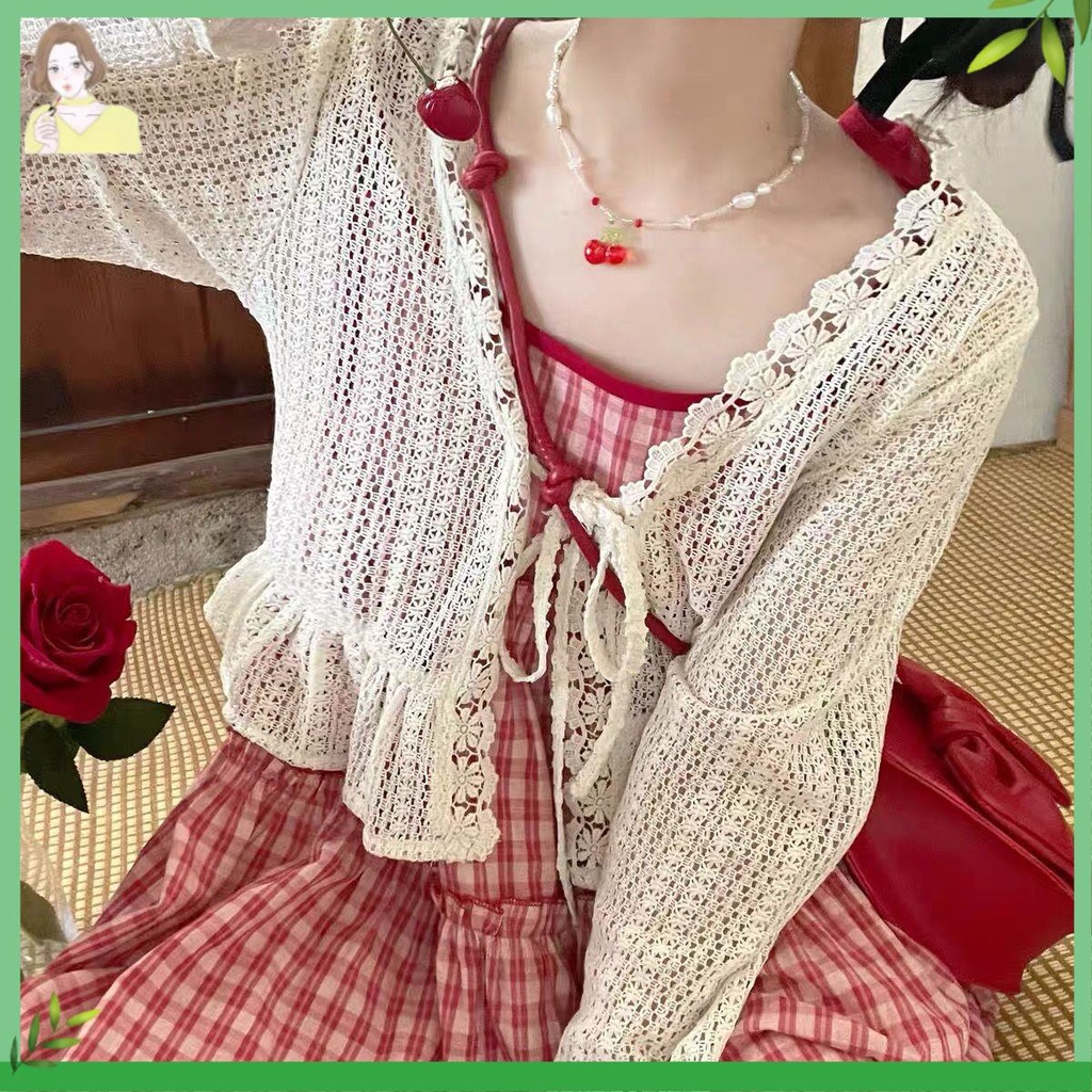 Set váy chân váy dài Bộ Áo Khoác Cardigan Chống Nắng + Đầm Hai Dây Họa Tiết Dâu Tây Xinh Xắn Theo Phong Cách Mù