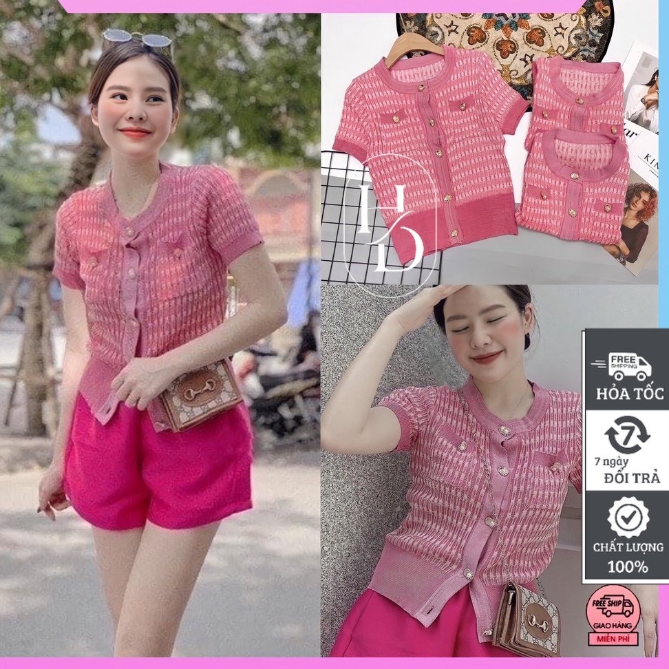 Cardigan Nữ, Áo Dệt Kim Ngắn Tay Len Mỏng Màu Hồng Siêu Sang Chảnh/ H&amp;DShop