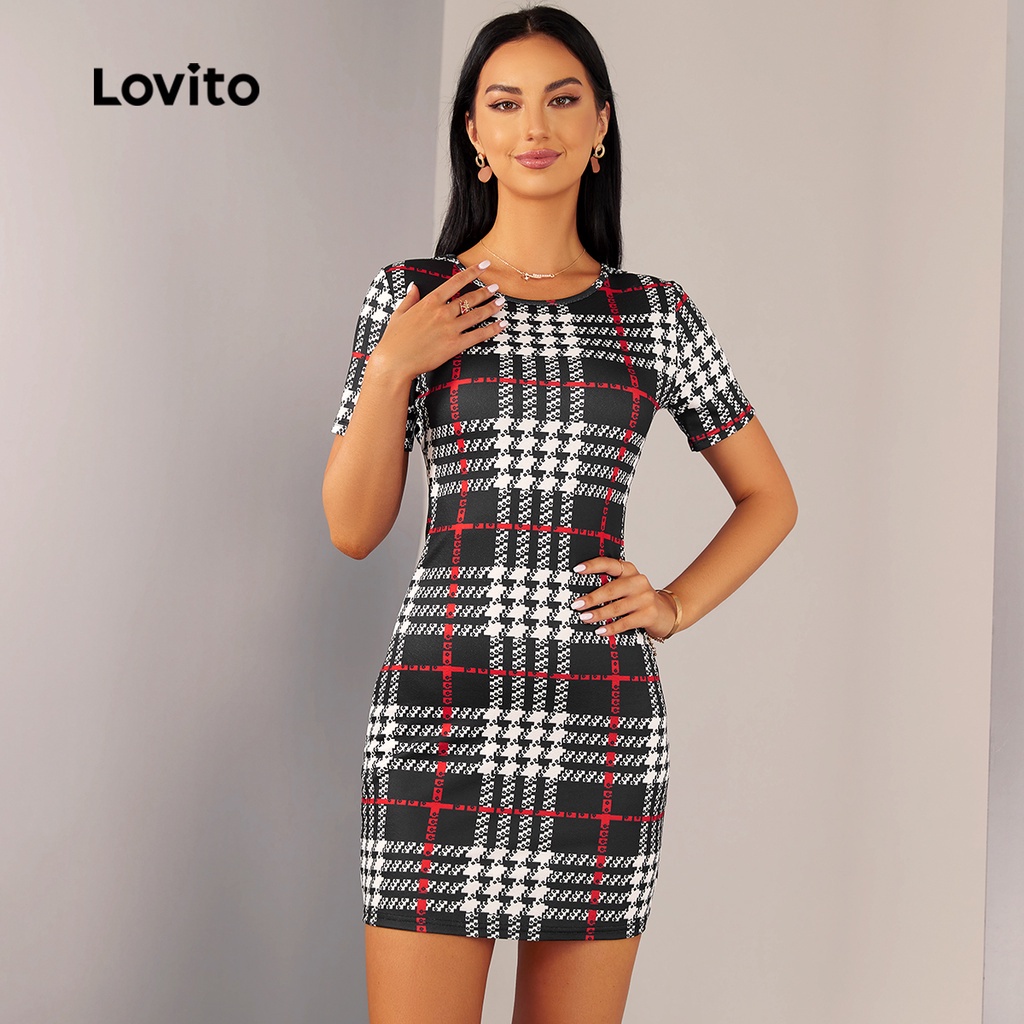 Lovito Đầm Tay Ngắn Cổ Tròn Họa Tiết Kẻ Sọc Màu Đen Thanh Lịch Dành Cho Nữ L20D1579