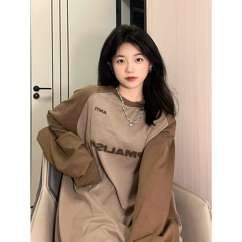 Áo Thun Tay Dài Dáng Rộng In Chữ Màu Sắc Tương Phản Phong Cách Vintage Dành Cho