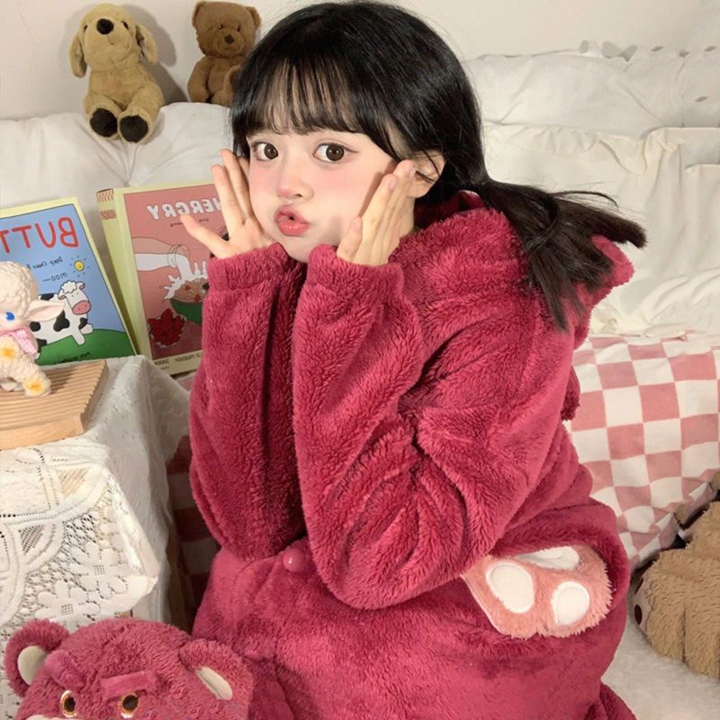 Bộ Đồ Ngủ Áo Hoodie Phối Quần Dài Vải Bông Dày In Hoạt Hình Rau Củ Quả Dễ Thương Thời Trang Mùa Đông