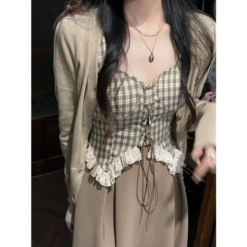 Set Áo Hai Dây + Áo Khoác Cardigan + Chân Váy Lưng Cao Họa Tiết Sọc Caro Xinh Xắn Thời Trang Mùa Thu Cho Nữ