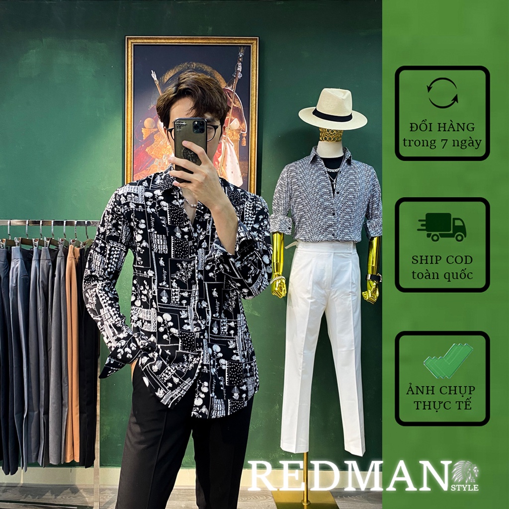 Áo sơ mi nam họa tiết dài tay style Hàn Quốc mẫu 58 - Vải lụa cao cấp chống nhăn