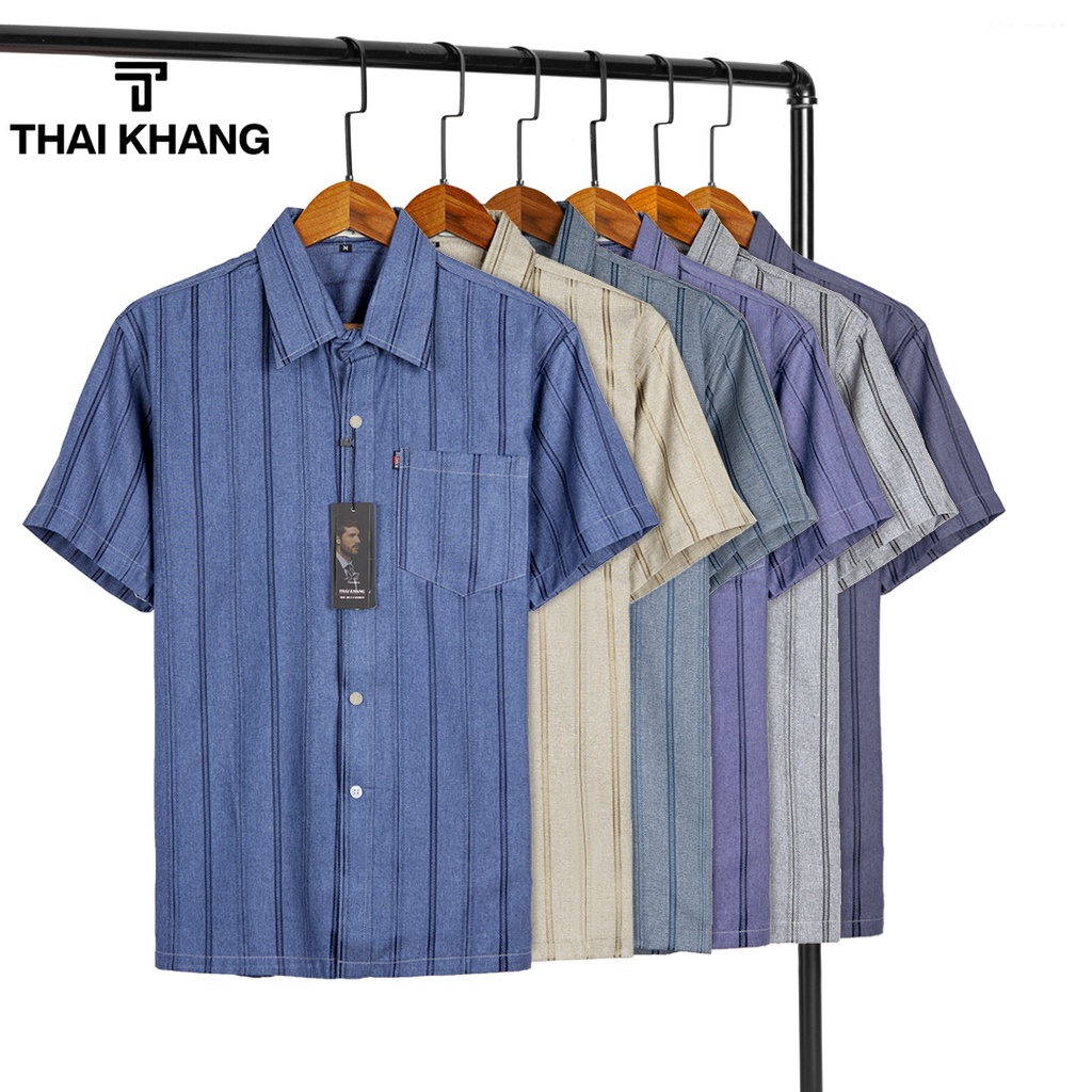 Áo sơ mi nam trung niên vải đũi sọc mềm siêu mát do Thái Khang đặt riêng loại áo sơ mi nam ngắn tay form rộng ADUI15