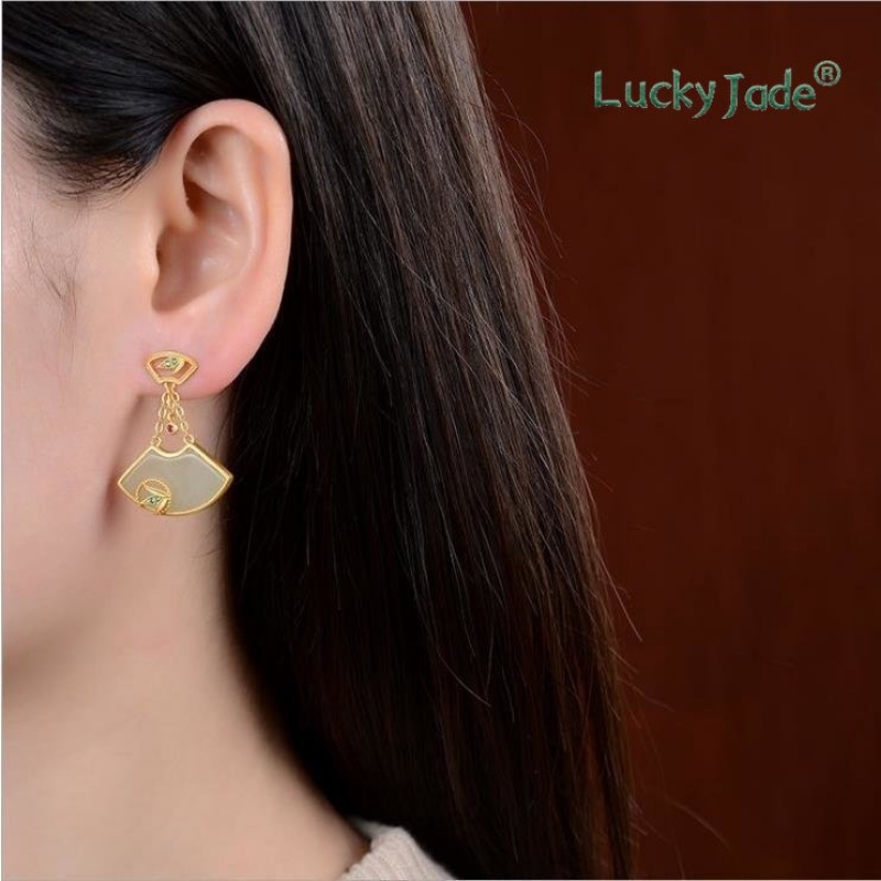 Bông Tai Mạ Vàng 925 Đính Đá Ngọc Bích Trắng 18K Sang Trọng