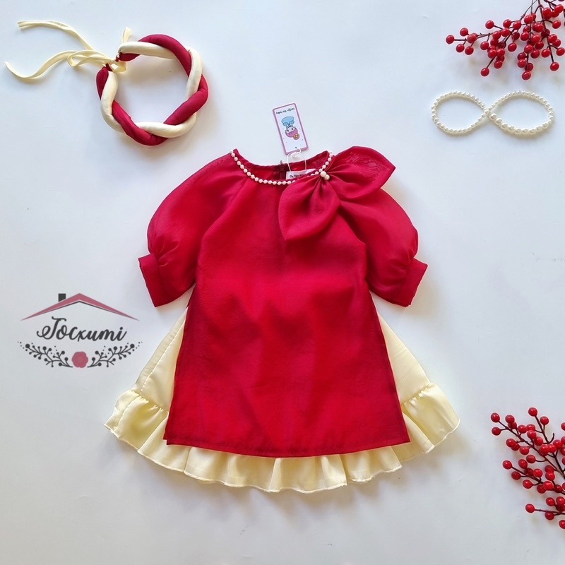 Áo dài cách tân cổ nơ đỏ đính châu cao cấp - Tocxumi