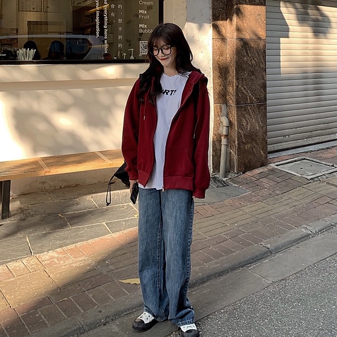 Áo Hoodie Nữ Tay Dài Dáng Rộng Màu Sắc Đơn Giản Phong Cách Hàn Quốc