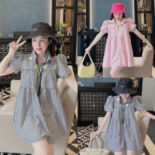 Đầm Babydoll Caro Cổ Sơ Mi Tay Phồng Đính Hoa Nổi Siêu Cute