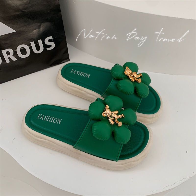 JY376-D1 HOA PHỐI GẤU NÂU Dép  nữ quai ngang dễ thương cực xinh  bánh mì   đế 5p nâng gót vintag cho nữ