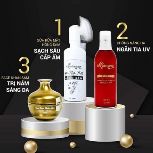 Kem Face Nhân Sâm + Sữa Rửa Mặt Hồng Sâm + Kem Chống Nắng HA NCOLLAGEN - Chăm Sóc Da Buổi Sáng