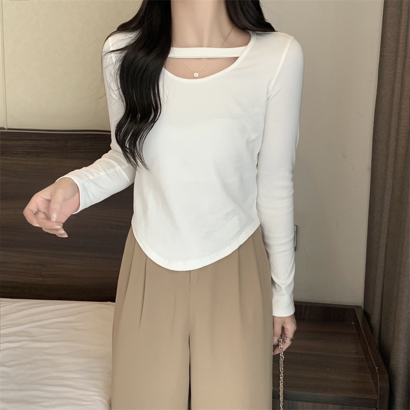 【WANG JIAO ZHAN】Áo croptop Tay Dài Màu Trơn Dáng Ôm Quyến Rũ Trẻ Trung Phong Cách Hàn Quốc【6885】