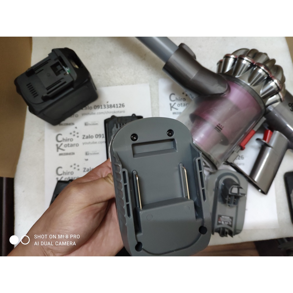 Đế chuyển chân pin máy hút bụi Dyson dùng pin hệ V6 21.6V sang dùng vỏ pin Milwaukee M18, Dewalt 20V, Makita LXT