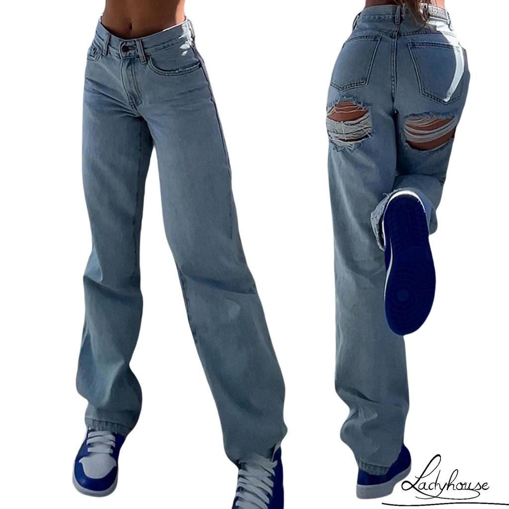 Quần Denim Dài Rách Gối Có Túi Bên Hông Phong Cách Đường Phố Mùa Xuân Thu Cho Nữ