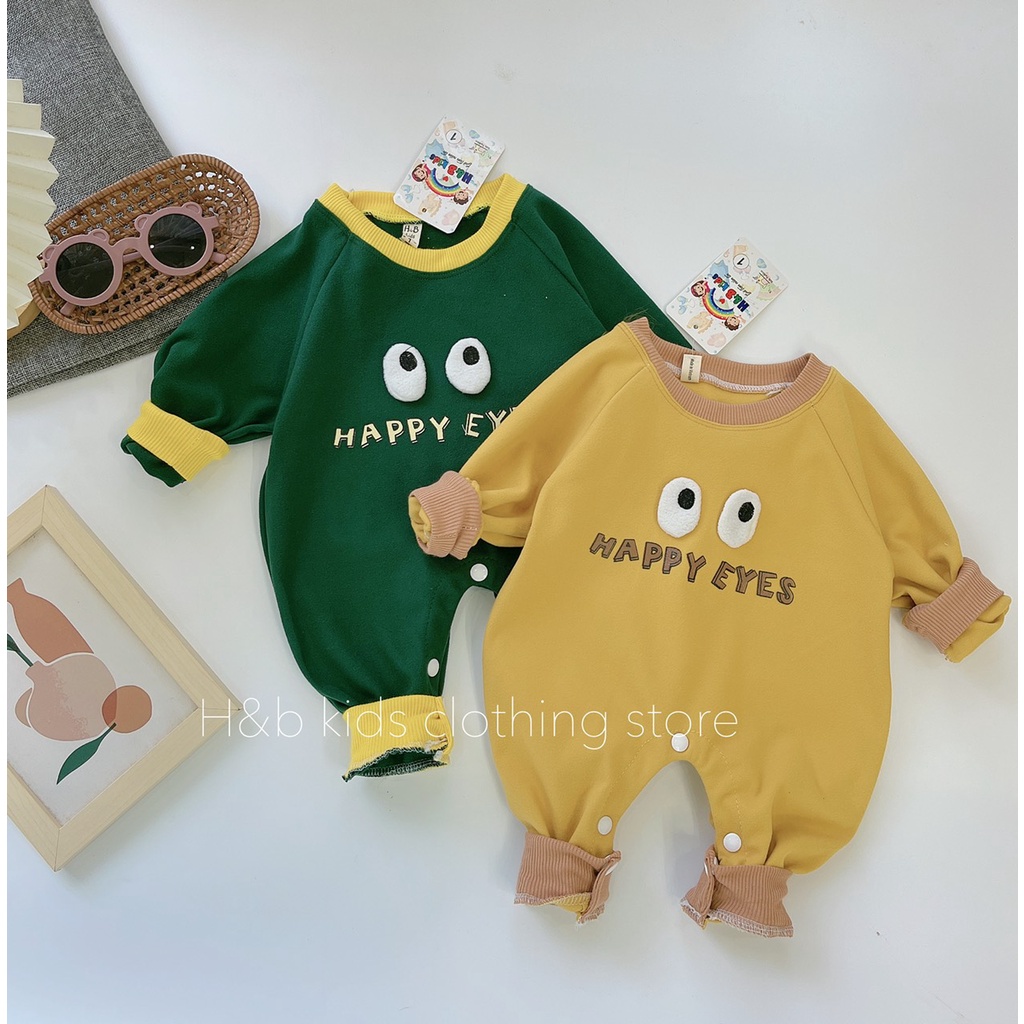 Bộ bodysuit  Happy eyes, bodysuit dài tay cotton zip lông cho bé trai và bé gái