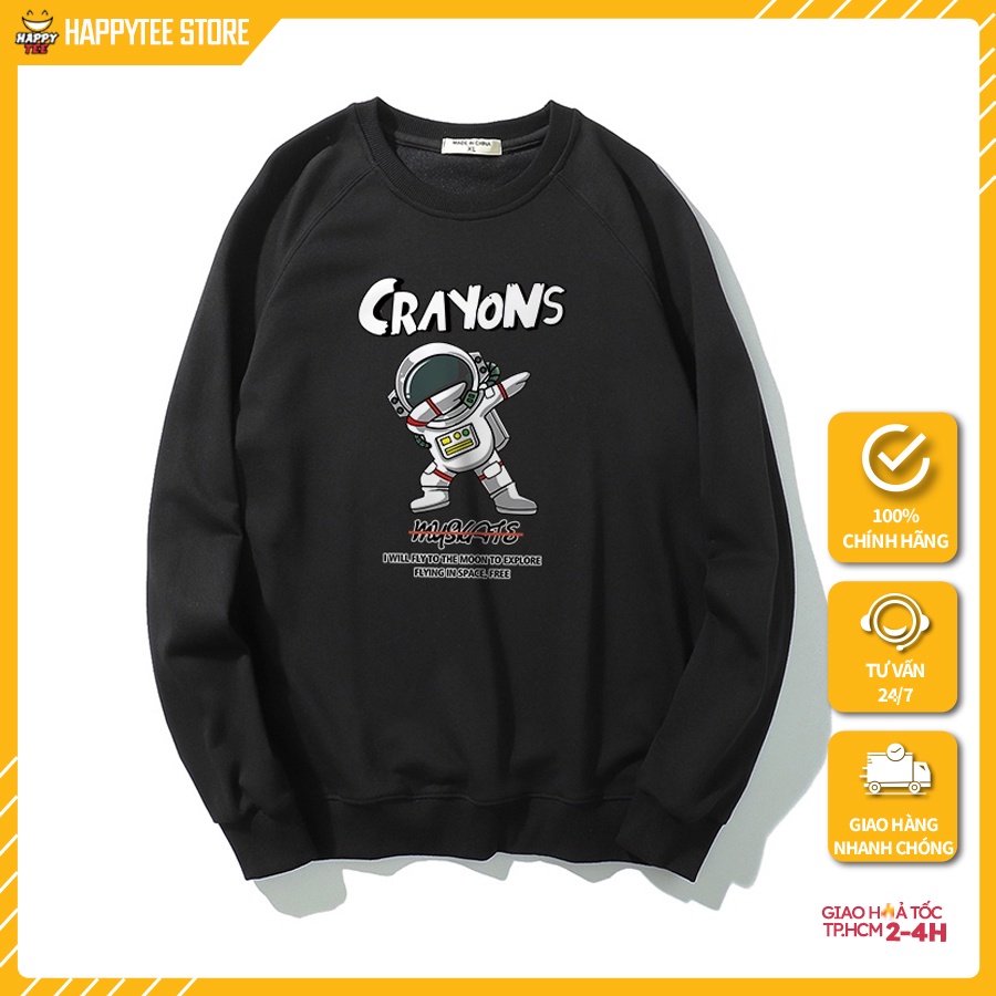 Áo sweater HappyTee - Áo sweater form rộng dài in Crayons phi hành gia vải nỉ da cá 100% cotton - HappyTee