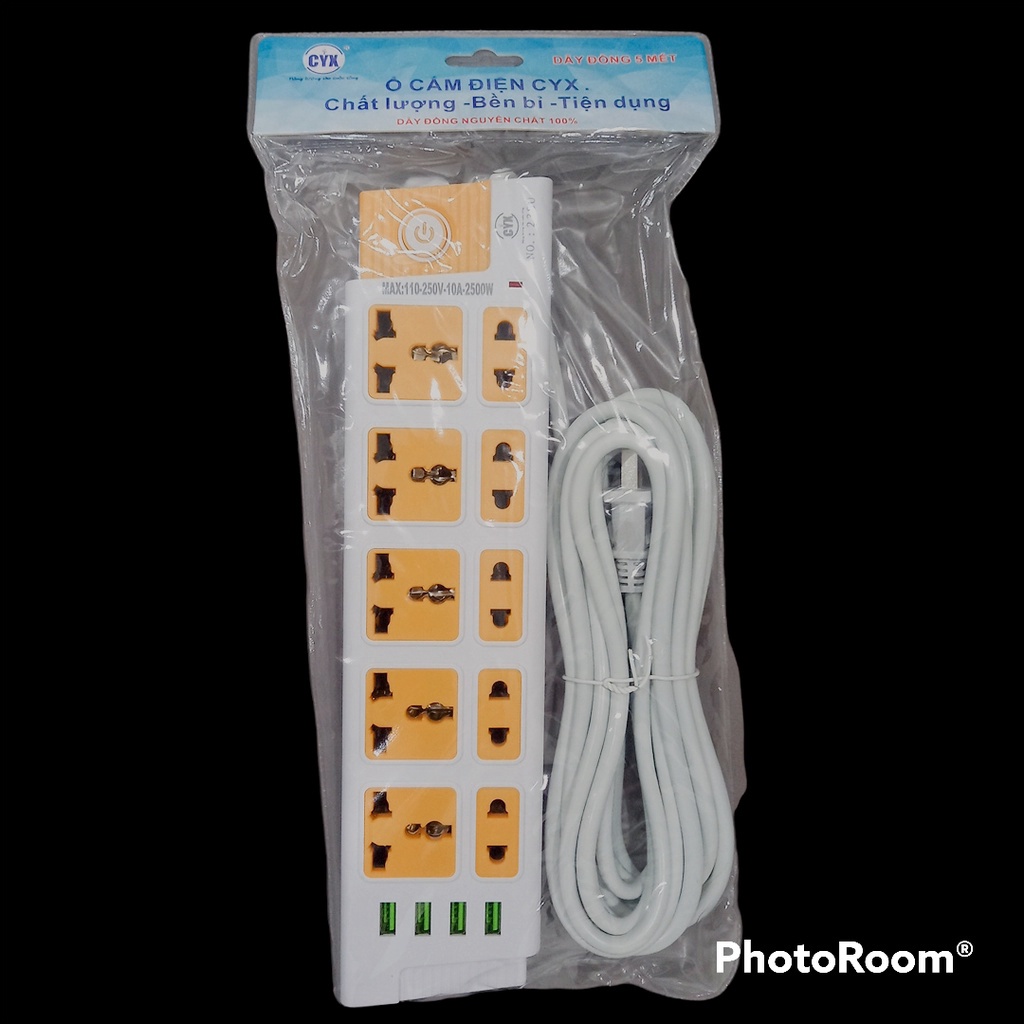 Ổ Cắm điện CYX 238, 4 USB Sạc, 10 Ổ sạc, Công Suất 2500W - Dây 5M Lõi Đồng, phích cắm có USB tích hợp sạc