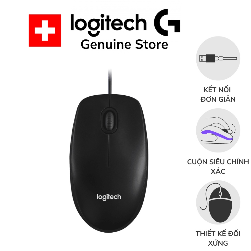 Chuột có dây Logitech B100 dây dài 1m8, thiết kế đối xứng cho hai tay sử dụng thoải mái, bền bỉ thực dụng làm việc