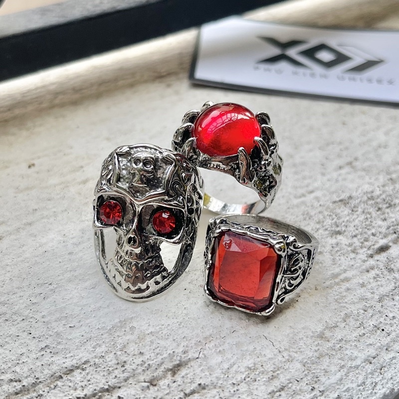 Nhẫn Thiết Kế Hình Độc Đáo Retro Mặt Đá Đỏ Thời Trang Chất Ngầu Hình Đầu Lâu