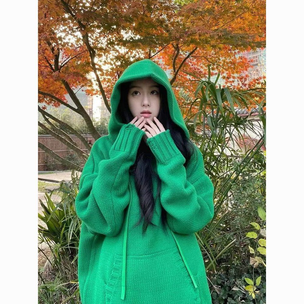 Áo Khoác Sweater Dệt Kim Mềm Cao Cấp Dáng Rộng Màu Xanh Lá Có Mũ Trùm Thời Trang Cho Cặp Đôi