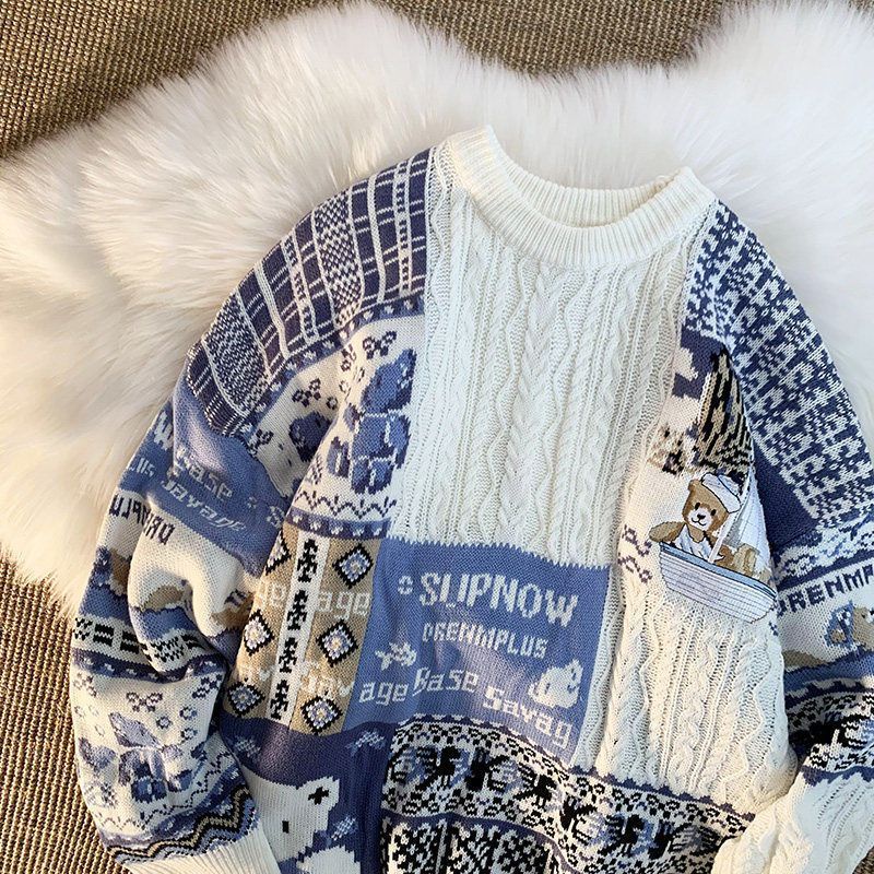 Áo len dài tay hai màu, hoạ tiết gấu giáng sinh