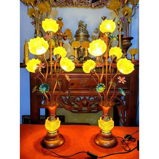 Đôi đèn thờ lưu ly 5 bông uốn mềm, thân bông sen cao 80cm - đèn dâng phật