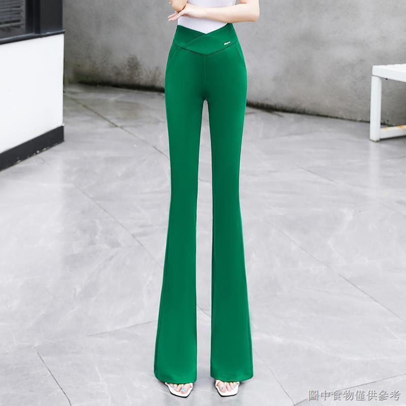 Quần ống loe lưng cao vải lụa lạnh độ co giãn cao màu xanh lá phong cách Hàn Quốc thời trang mùa hè dễ phối đồ cho nữ