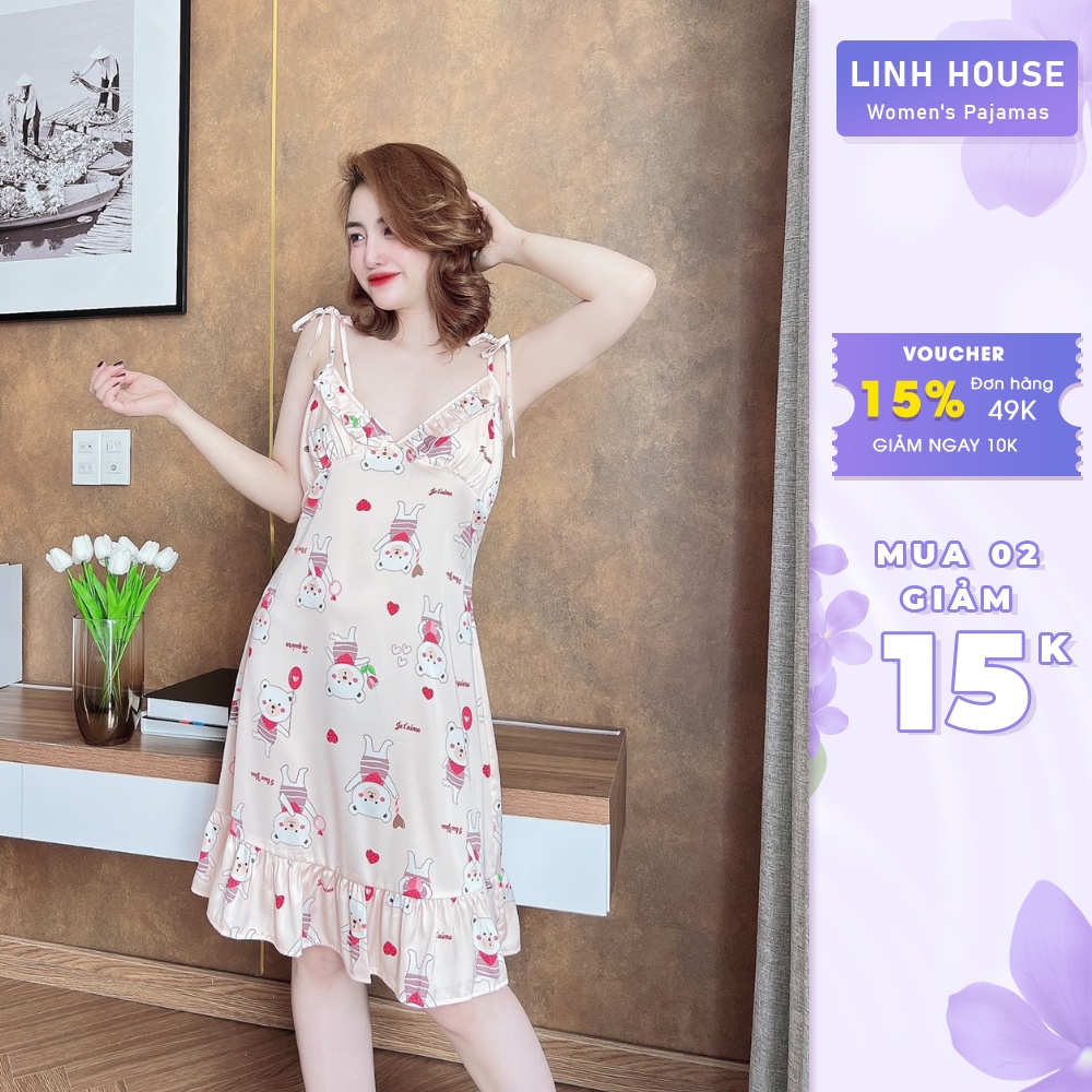 Váy ngủ nữ cao cấp 2 dây cúp ngực chất lụa latin dáng suông liền thân mềm mại thoáng mát S503 - đồ ngủ cao cấp Vy Linh