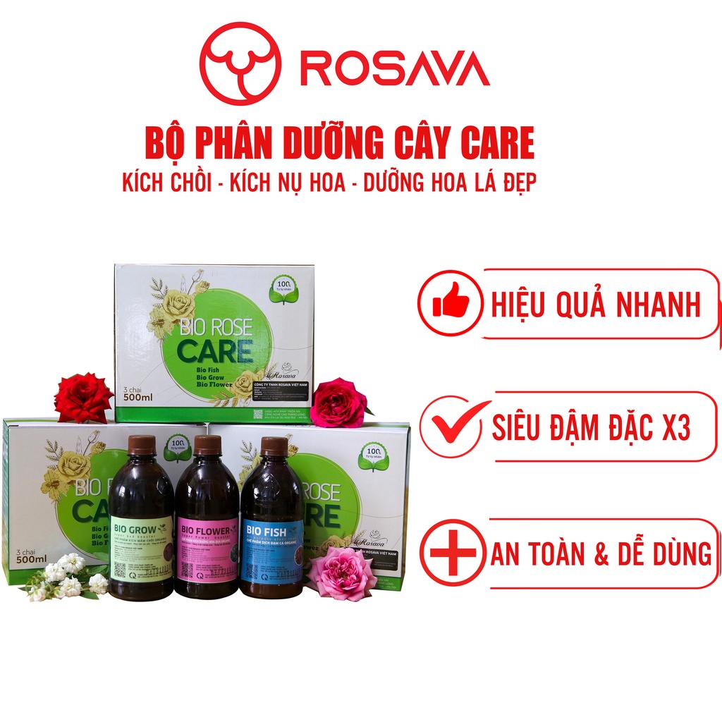 Bộ phân bón hữu cơ vi sinh CARE Rosava dưỡng hoa hồng, lan, sen đá, cây cảnh kích mầm Grow, kích hoa Flower, đạm cá Fish