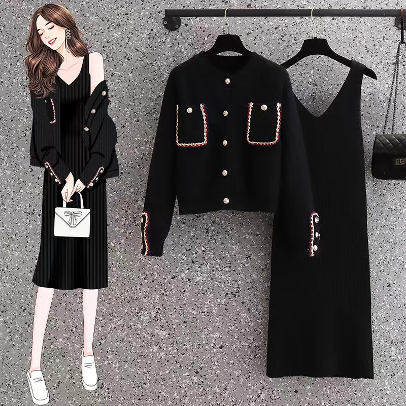 🌸Hàng Order🌸Sét Len Váy Đầm Bigsize Áo Khoác Viền Dạ Phối Màu Kết Hợp Váy Len 2 Dây Dáng Dài Nữ Tính🌸Hàng Quảng Châu
