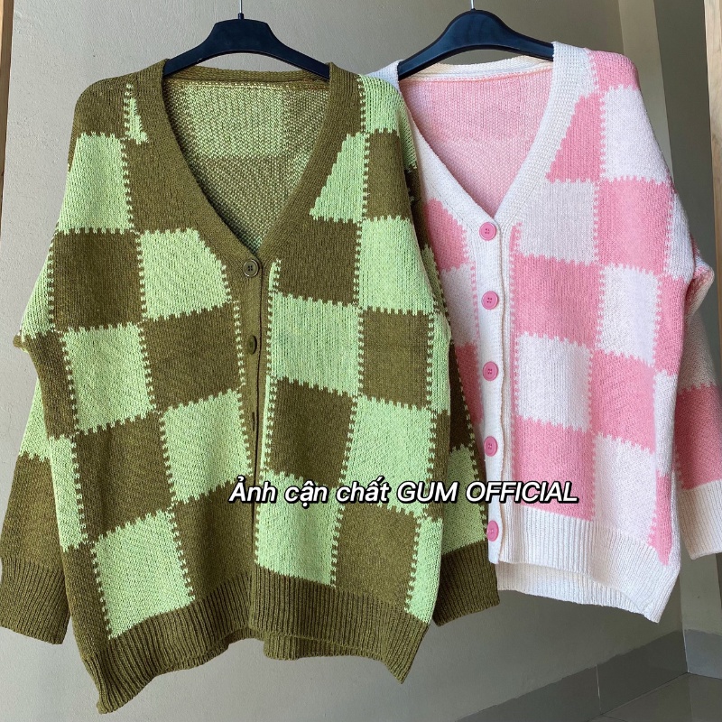 Áo Khoác Cardigan Len Hồng Họa Tiết Ô Vuông Thời Trang Hàn Quốc , Áo cardigan dáng rộng GUM OFFICIAL