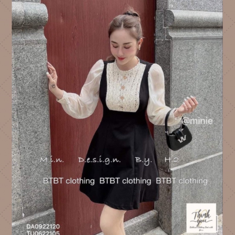 Váy Nhung Phối Ren Ngực Tay Tơ