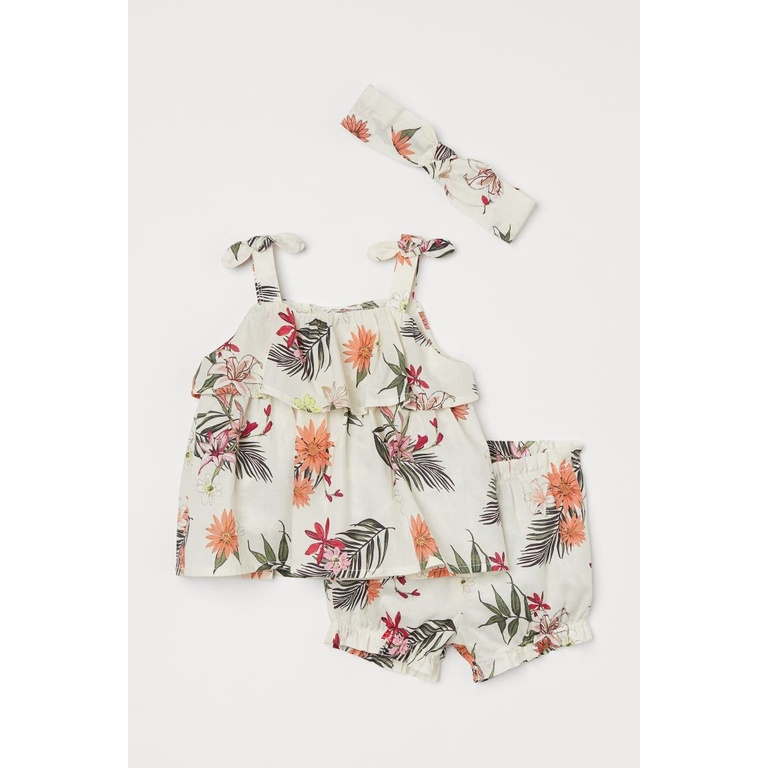 Set quần áo băng đô 3 chi tiết trắng tropical hoa nơ mặt trời HM H&M size 6m-4y_hàng chính hãng Anh